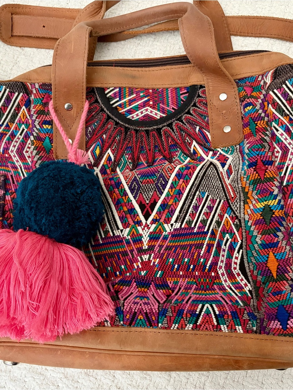 Nena & Co. Multicolor Woven Tote with Tan Leather Trim and Pink Tassel